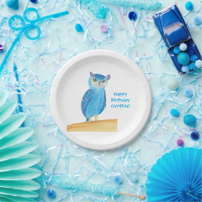 Cute Blue Owl Personalized Paper Plates, Birthday Plate (Party)