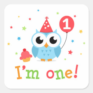 Cute, blue owl with balloon and cupcake I am one Square Sticker