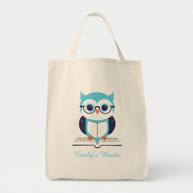 Cute blue owl with book personalized library book tote bag (Front)