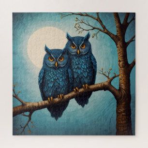 Cute blue Pair of Owls sitting on a branch Jigsaw Puzzle