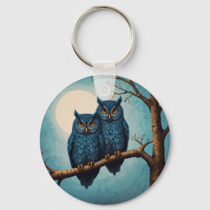Cute blue Pair of Owls sitting on a branch Keychain