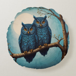Cute blue Pair of Owls sitting on a branch Round Pillow