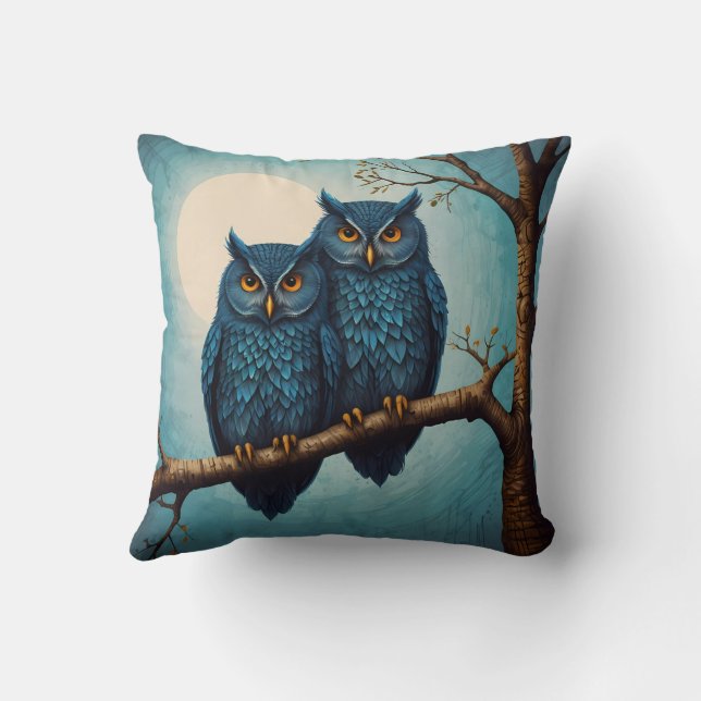 Cute blue Pair of Owls sitting on a branch  Throw Pillow (Back)