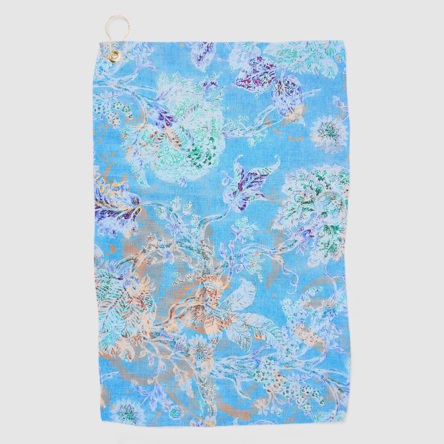 Cute blue pastel floral bandana golf towel (Front)
