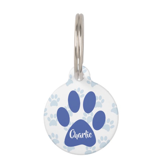 Cute Blue Paw Prints Personalized Pet ID Tag (Front)