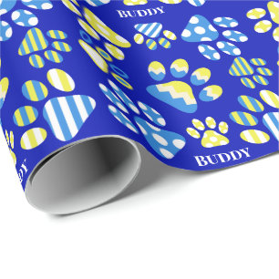 Cute Blue Paws Personalized Dog Wrapping Paper