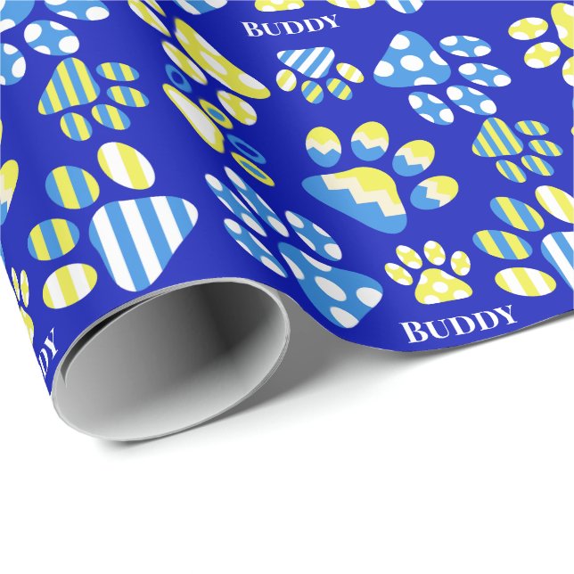 Cute Blue Paws Personalized Dog Wrapping Paper (Roll Corner)