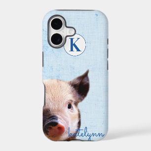 Cute Blue Peek-a-Boo Piglet Photograph Monogram