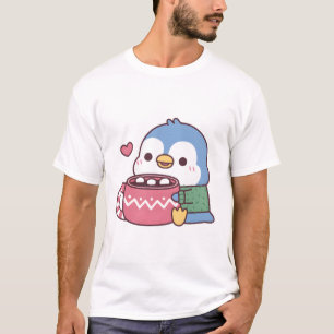 Cute Blue Penguin Loves Hot Cocoa With Marshmallow T-Shirt