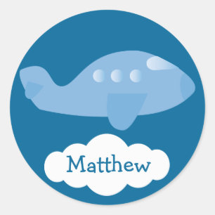 Cute Blue Personalized Plane & Cloud Stickers