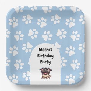 Cute Blue Pet Pug Birthday Party Paper Plate