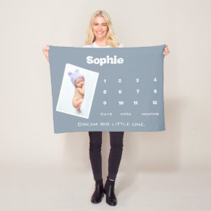 Cute Blue Photo Milestone Name Personalized Baby Fleece Blanket