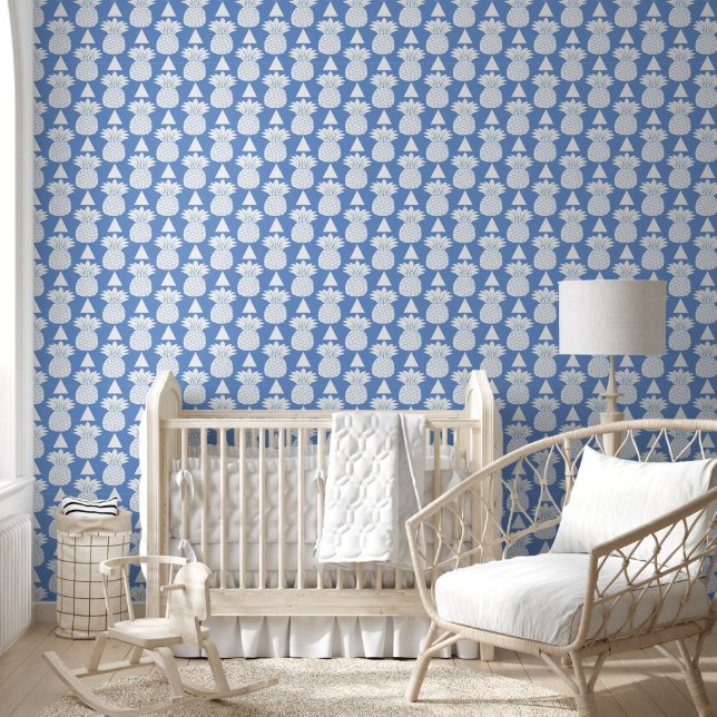 Cute Blue Pineapple Repeat Pattern Wallpaper (Kids)
