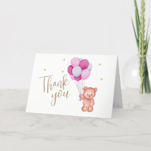 Cute Blue Pink Balloon Teddy Bear Baby Shower Thank You Card