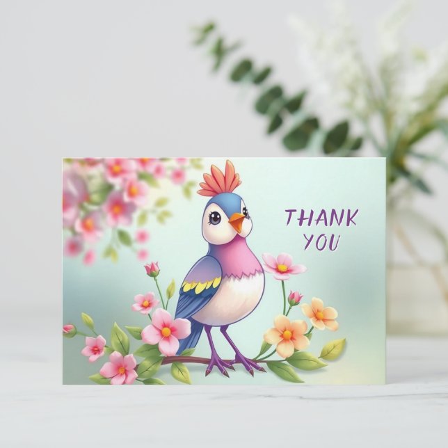 Cute Blue Pink Bird Floral Thank You Card (Standing Front)