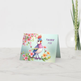 Cute Blue Pink Bird Floral Thank You Card