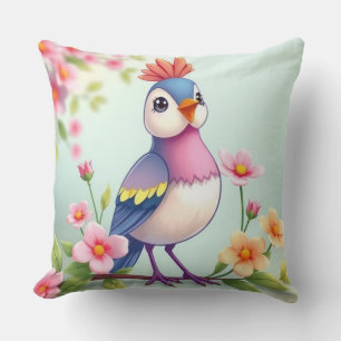 Cute Blue Pink Bird Floral Throw Pillow