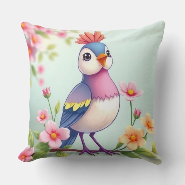 Cute Blue Pink Bird Floral Throw Pillow (Front)