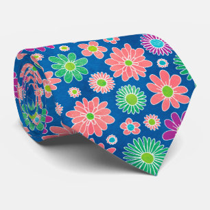 Cute Blue Pink Daisies Floral Pattern Tie