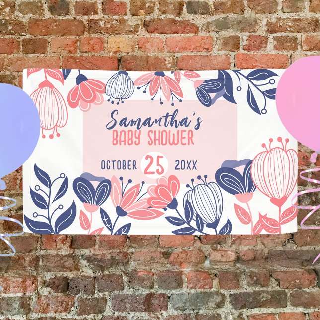 Cute Blue Pink Flowers Botanical Baby Shower Banner (Creator Uploaded)