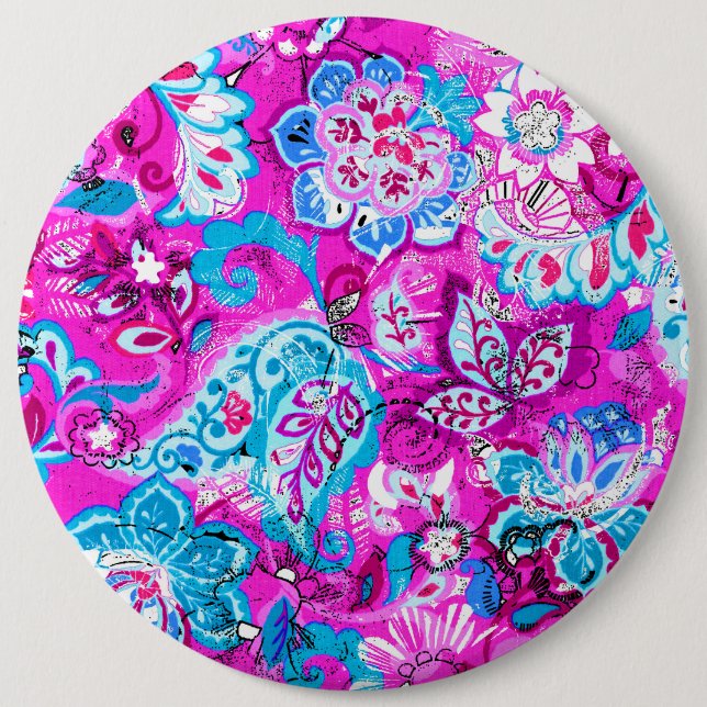 Cute blue pink flowers patterns 6 inch round button (Front)