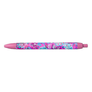 Cute blue pink flowers patterns black ink pen