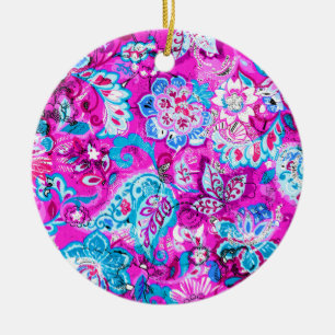 Cute blue pink flowers patterns ceramic ornament