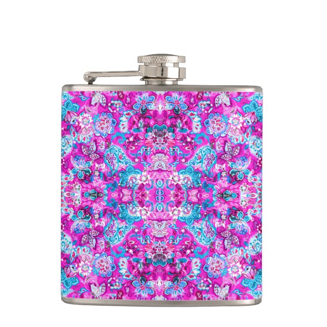 Cute blue pink flowers patterns hip flask (Front)