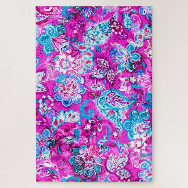 Cute blue pink flowers patterns jigsaw puzzle (Vertical)
