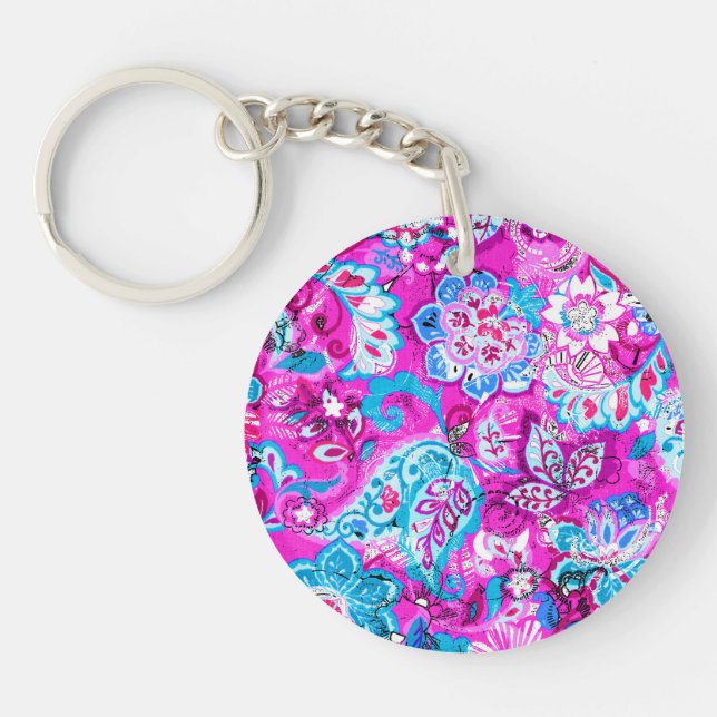 Cute blue pink flowers patterns keychain (Front)