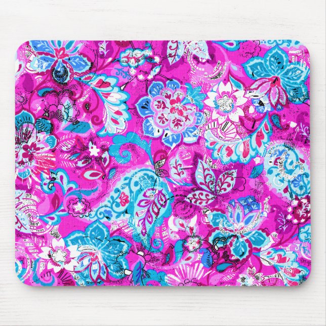Cute blue pink flowers patterns mouse pad (Front)