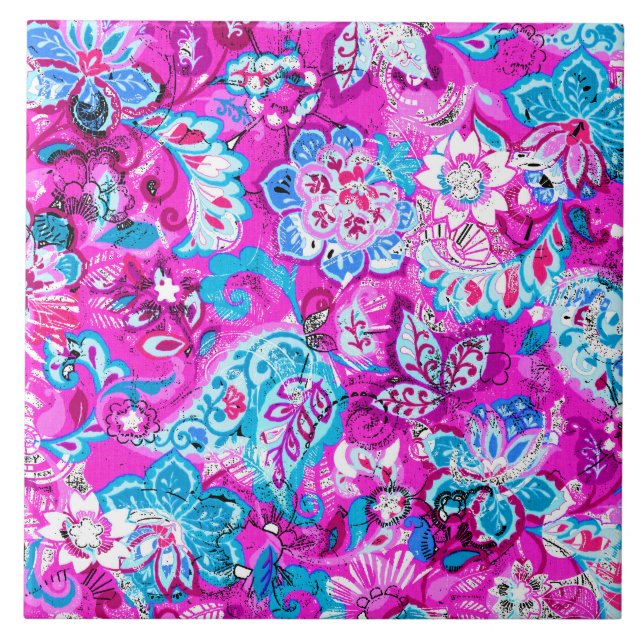 Cute blue pink flowers patterns tile (Front)