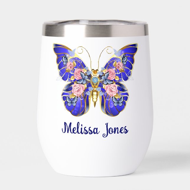 Cute Blue Pink Gold Butterfly Floral Name (Back)