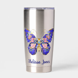 Cute Blue Pink Gold Butterfly Floral Name Insulated Tumbler