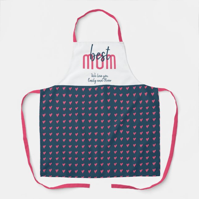 Cute Blue Pink Heart Best Mom Mother`s Day Apron (Front)