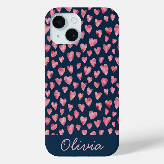 Cute Blue Pink Heart pattern personalized name Case-Mate iPhone Case (Back)