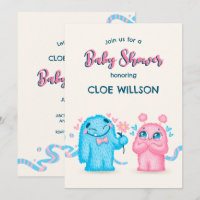 Cute Blue pink Monster gender reveal baby shower 