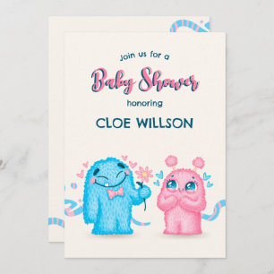 Cute Blue pink Monster gender reveal baby shower  Invitation