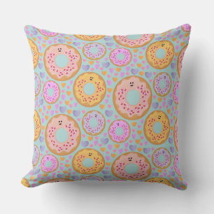 Cute Blue Pink Pastel Donuts & Hearts Throw Pillow