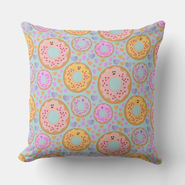 Cute Blue Pink Pastel Donuts & Hearts Throw Pillow (Front)