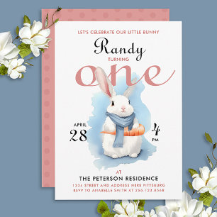 Cute Blue Pink White Bunny First Bday Watercolor Invitation