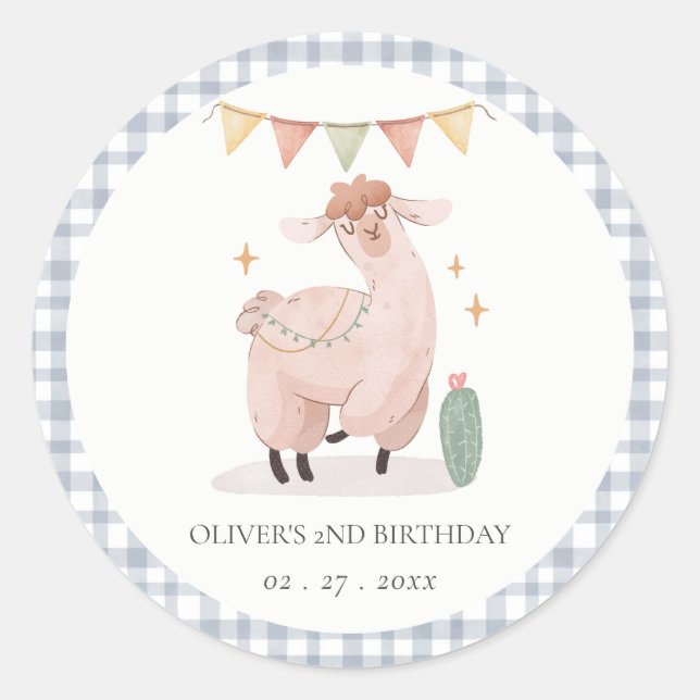 Cute Blue Plaid Cactus Boho Llama Any Age Birthday Classic Round Sticker (Front)