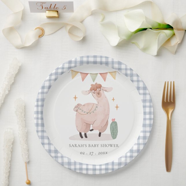 Cute Blue Plaid Cactus Boho Llama Baby Shower Paper Plate (Wedding)