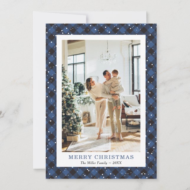 Cute Blue Plaid Snow Photo Merry Christmas Card (Front)