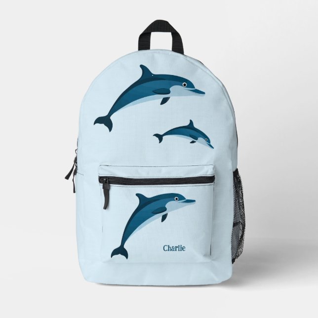 Cute blue playful dolphins  printed backpack (Front)