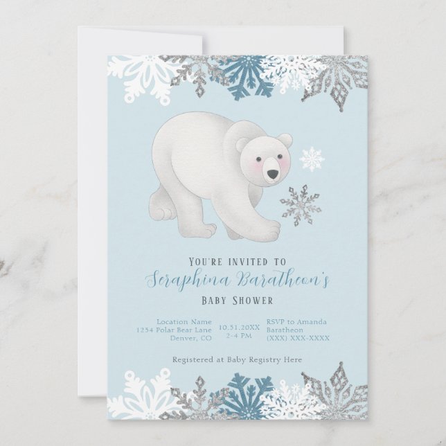 Cute Blue Polar Bear Baby Shower Invitation (Front)