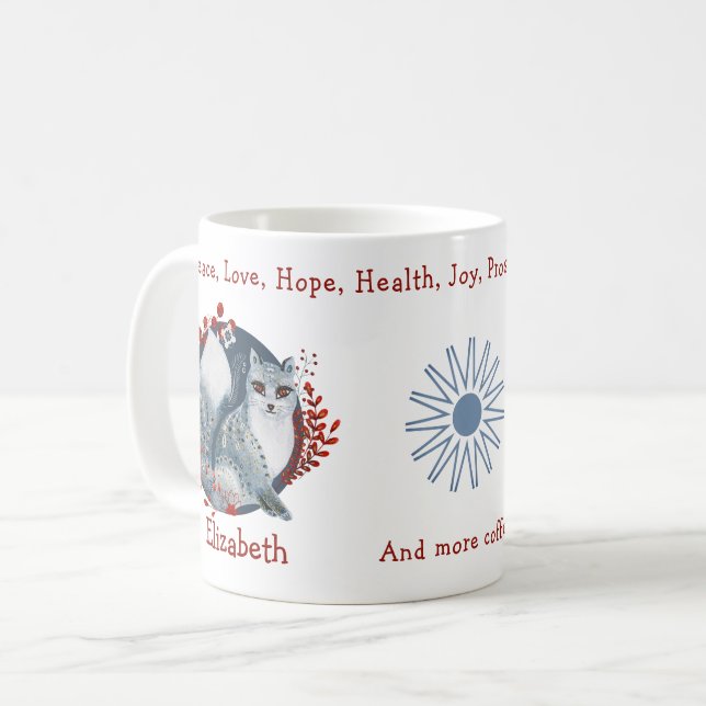 Cute Blue Polar Fox, Floral Backdrop. Chic, Funny Coffee Mug (Front Left)
