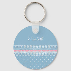 Cute Blue Polka Dots Girly Pink Lace With Name Keychain