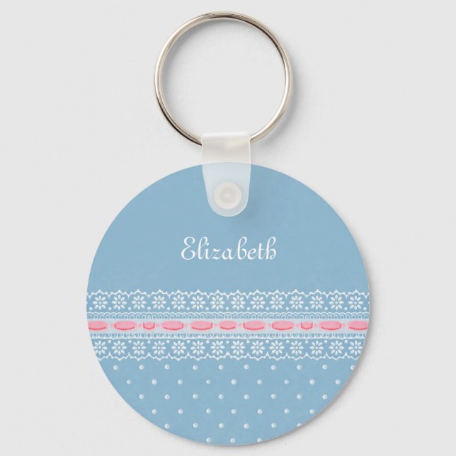 Cute Blue Polka Dots Girly Pink Lace With Name Keychain (Front)