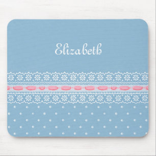 Cute Blue Polka Dots Girly Pink Lace With Name Mouse Pad